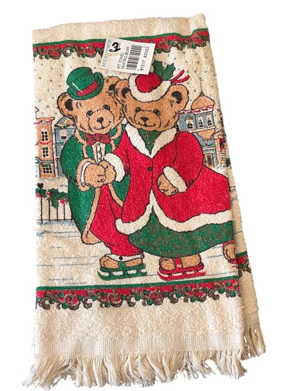 Vintage Christmas Towel Ice Skating Bears Mervyn's